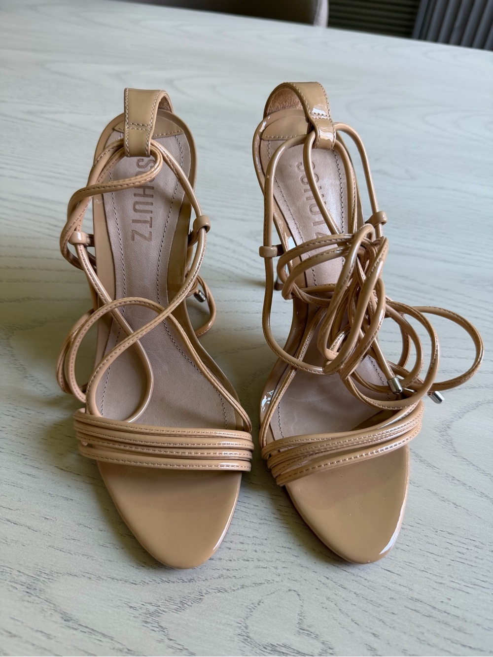 Schutz Nude Lace-Up Strappy Heeled Sandals